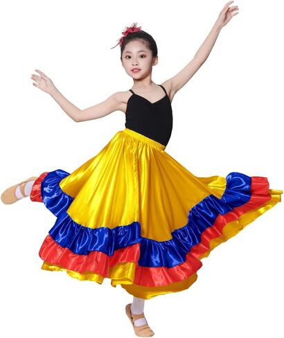 Girls Multicolor Ruffles Long Dance Skirt for Folklorico Mexican Flamenco Halloween Costume in Saudi Arabia