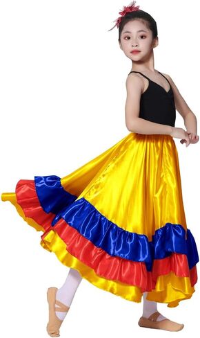 Girls Multicolor Ruffles Long Dance Skirt for Folklorico Mexican Flamenco Halloween Costume in Saudi Arabia