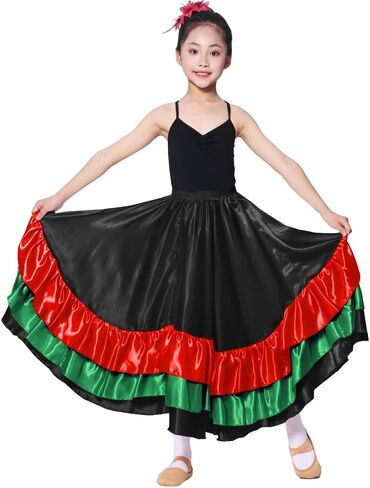 Girls Multicolor Ruffles Long Dance Skirt for Folklorico Mexican Flamenco Halloween Costume in Saudi Arabia
