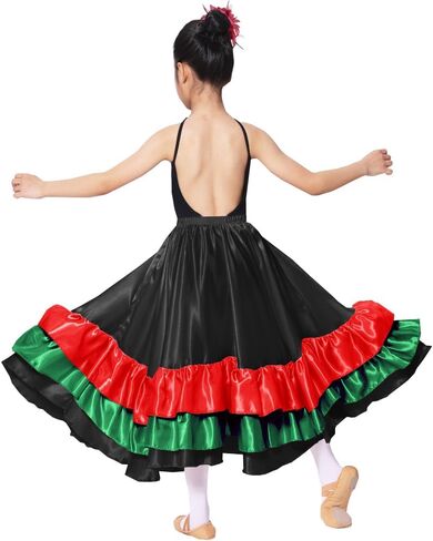 Girls Multicolor Ruffles Long Dance Skirt for Folklorico Mexican Flamenco Halloween Costume in Saudi Arabia