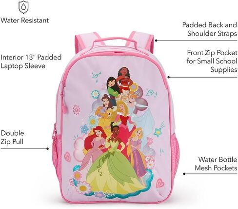 DISNEY STORE Official Princess Backpack - Kids Backpack with Embroidered Accents, Adjustable Straps, Zip Compartments & Mesh Pockets, Screen Art Featuring Moana, Mulan, Belle, Aurora, and More in Saudi Arabia