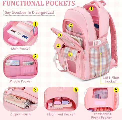 School Backpack for Girls - 5PCS Girls Backpack with Lunch Box Set for Elementary, Middle and High School Students - 18" Large Capacity School Bookbag with Multiple Pockets in Saudi Arabia