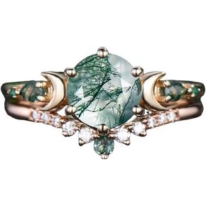 Natural Moss Agate Engagement Rings Set for Women 925 Sterling silver with plated 18k rose gold 2CT Round Green Moon Leaf Art Deco Bridal Wedding Ring Set in Saudi Arabia