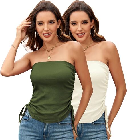قمم Taipove Tube للنساء بدون حمالات صيف قميص قميص مضلع القطن الرباط Ruched Side Trendy Out Out Out Found 2Pack in Saudi Arabia