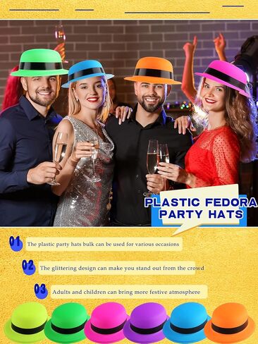24 Pack Colorful Bowler Hats Bulk Plastic Bowler Hat Neon Derby Hat Party Hats for Adult Child Party Dress Up Photo Booth Supplies, 6 Colors in Saudi Arabia