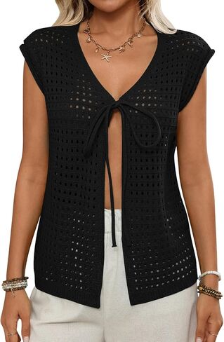 Wowcarbazole Womens Crochet Shrug Sweater Tie Front Knit Short Sleeve Cropped Lightweight Top Cardigan Sweaters Cover Up in Saudi Arabia