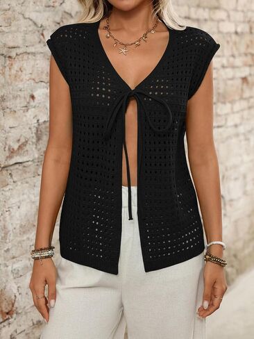 Wowcarbazole Womens Crochet Shrug Sweater Tie Front Knit Short Sleeve Cropped Lightweight Top Cardigan Sweaters Cover Up in Saudi Arabia