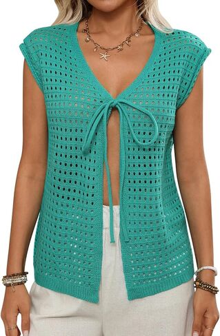 Wowcarbazole Womens Crochet Shrug Sweater Tie Front Knit Short Sleeve Cropped Lightweight Top Cardigan Sweaters Cover Up in Saudi Arabia