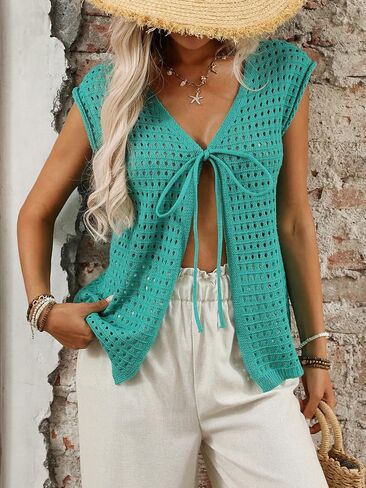 Wowcarbazole Womens Crochet Shrug Sweater Tie Front Knit Short Sleeve Cropped Lightweight Top Cardigan Sweaters Cover Up in Saudi Arabia