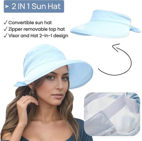 2-in-1 Women’s Sun Visor Sun Hat Zipper Off Ponytail Friendly, Lightweight Quick Dry, Summer UV Protection in Kuwait