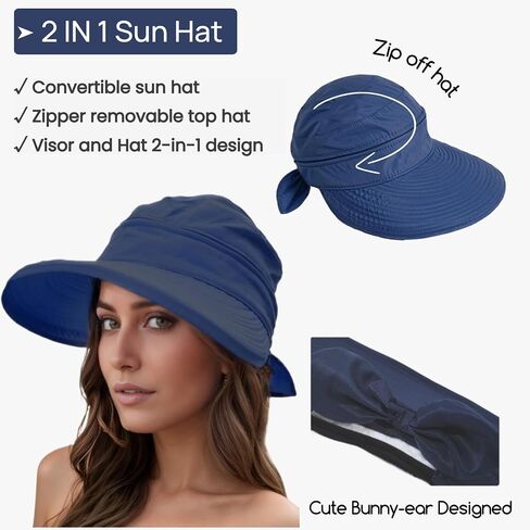 2-in-1 Women’s Sun Visor Sun Hat Zipper Off Ponytail Friendly, Lightweight Quick Dry, Summer UV Protection in Kuwait