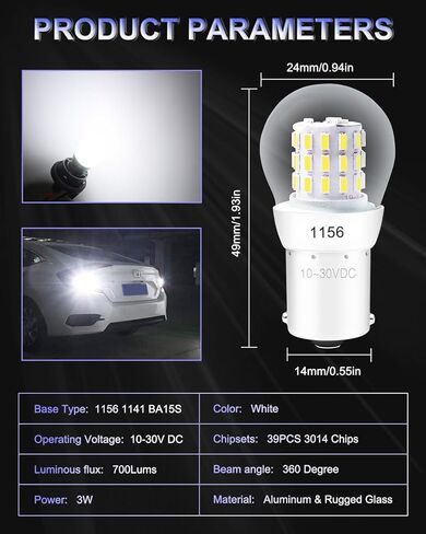 Alopee 1156 LED Bulb Amber 10-30V DC 1156 Bulb Replacement for 1141 1003 7506 P21W Blinker Light, Turn Signal Bulb 3014 Chips, Non Polarity, Pack of 2 in Kuwait