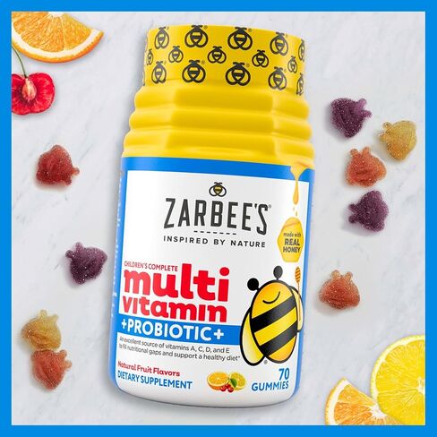 Zarbee's Kid's Complete Daily Multivitamin + Probiotic Gummies with Vitamins A B C D E & zinc for Digestive Health Easy To Chew, Natural Fruit 70 Count in Kuwait