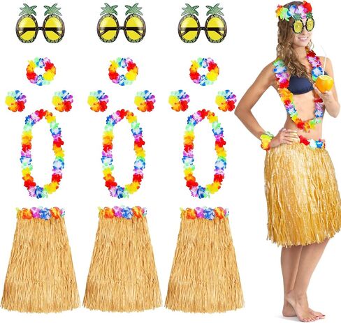 Fovths 3 Sets Hawaiian Hula Grass Skirt with Pineapple Glasses Garland Leis Necklace Bracelet Costume Accessory Kit for Women Men Summer Tropical Party Decorations in Saudi Arabia
