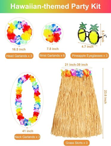 Fovths 3 Sets Hawaiian Hula Grass Skirt with Pineapple Glasses Garland Leis Necklace Bracelet Costume Accessory Kit for Women Men Summer Tropical Party Decorations in Saudi Arabia