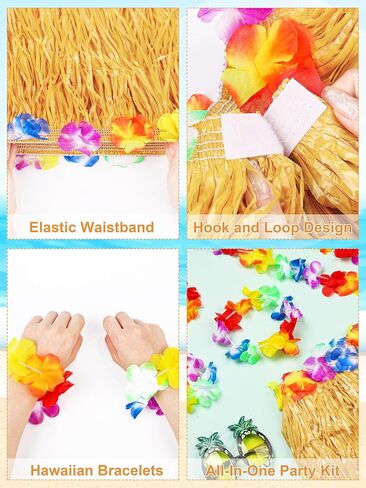 Fovths 3 Sets Hawaiian Hula Grass Skirt with Pineapple Glasses Garland Leis Necklace Bracelet Costume Accessory Kit for Women Men Summer Tropical Party Decorations in Saudi Arabia