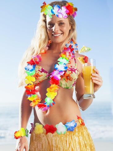 Fovths 3 Sets Hawaiian Hula Grass Skirt with Pineapple Glasses Garland Leis Necklace Bracelet Costume Accessory Kit for Women Men Summer Tropical Party Decorations in Saudi Arabia