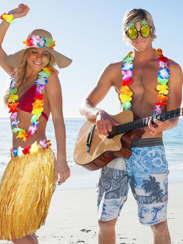 Fovths 3 Sets Hawaiian Hula Grass Skirt with Pineapple Glasses Garland Leis Necklace Bracelet Costume Accessory Kit for Women Men Summer Tropical Party Decorations in Saudi Arabia