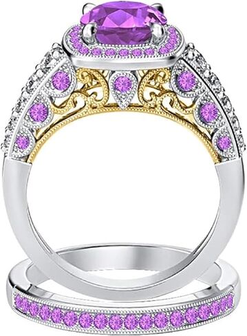 Round Cut Women's Simulated Purple Amethyst Halo Wedding Bridal Ring Sets In 925 Sterling Silver 14K Two-Tone Gold Over in Saudi Arabia