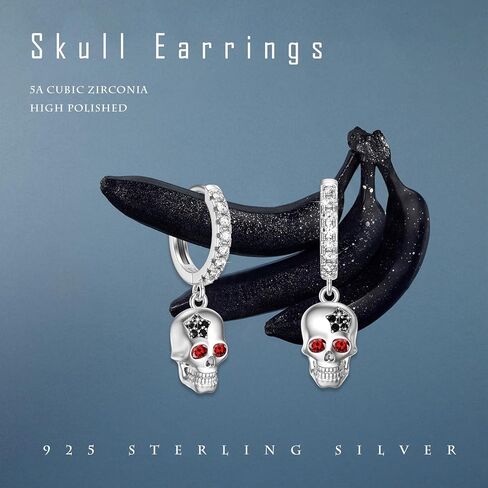 CUOKA MIRACLE Skull Earrings，925 Sterling Silver Skull Huggie Hoop Earrings for Women Skull Hoop Earrings Black Gold Plated Dangle Earrings Goth Earrings Halloween Jewelry Gifts for Women Men in Kuwait