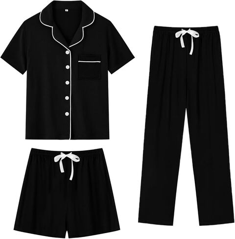 Swomog Womens 3pcs زر أسفل بيجامات مجموعة قصيرة الأكمام العروس Bride Pj Lounge مع سراويل طويلة in Saudi Arabia