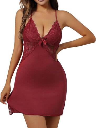 Women's Side Slit Sleep Dress Criss-Cross Straps Babydoll Lingerie Dress Lace Trim Chemise Sexy Night Gowns in Saudi Arabia