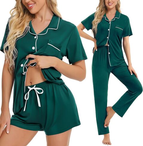 Swomog Womens 3pcs زر أسفل بيجامات مجموعة قصيرة الأكمام العروس Bride Pj Lounge مع سراويل طويلة in Saudi Arabia
