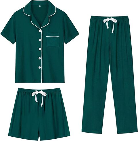 Swomog Womens 3pcs زر أسفل بيجامات مجموعة قصيرة الأكمام العروس Bride Pj Lounge مع سراويل طويلة in Saudi Arabia
