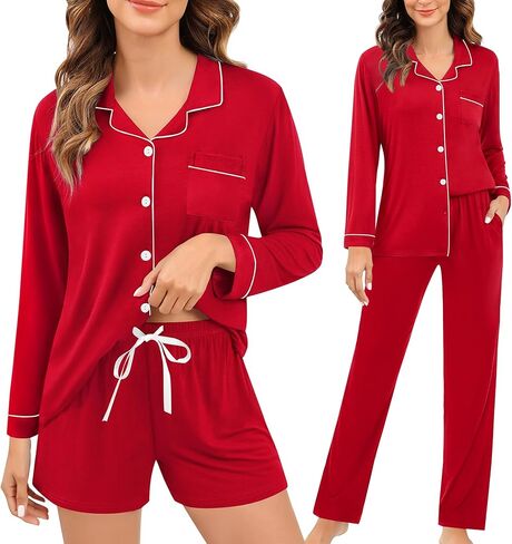 Swomog Womens 3pcs زر أسفل بيجامات مجموعة قصيرة الأكمام العروس Bride Pj Lounge مع سراويل طويلة in Saudi Arabia