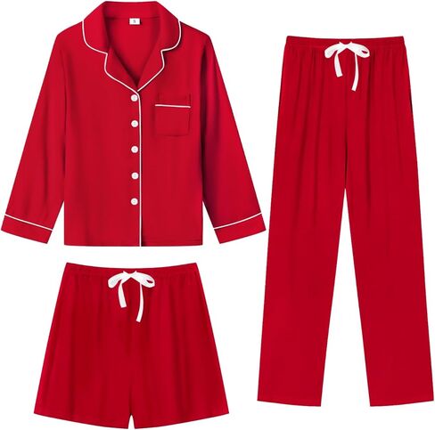 Swomog Womens 3pcs زر أسفل بيجامات مجموعة قصيرة الأكمام العروس Bride Pj Lounge مع سراويل طويلة in Saudi Arabia