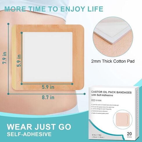 20pcs castor oil pack wrap للكبد ، المعدة ، زر البطن | 8.7 "*7.9" منصات القطن العضوية | بقع لامعة للغاية للتصرف في الذات | لا غسل ، 100 ٪ خالية من التسرب (زيت غير متضمن) الولايات المتحدة حاصلة على براءة اختراع in Kuwait