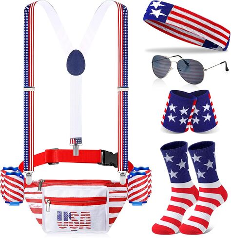 Mepase 9 Pcs 4th of July Fanny Pack Independence Day Patriotic Beer Belt Set with USA Flag Socks Sunglasses Sweatband(Patriot) in Kuwait