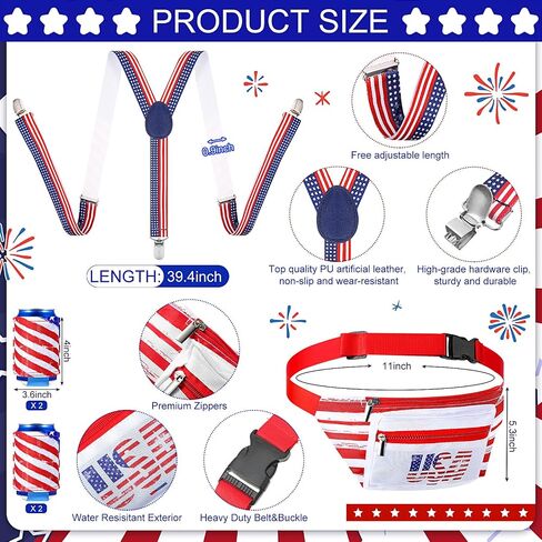 Mepase 9 Pcs 4th of July Fanny Pack Independence Day Patriotic Beer Belt Set with USA Flag Socks Sunglasses Sweatband(Patriot) in Kuwait