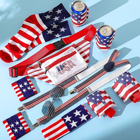 Mepase 9 Pcs 4th of July Fanny Pack Independence Day Patriotic Beer Belt Set with USA Flag Socks Sunglasses Sweatband(Patriot) in Kuwait