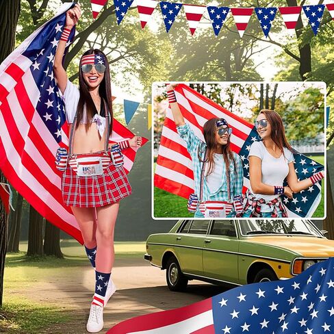 Mepase 9 Pcs 4th of July Fanny Pack Independence Day Patriotic Beer Belt Set with USA Flag Socks Sunglasses Sweatband(Patriot) in Kuwait