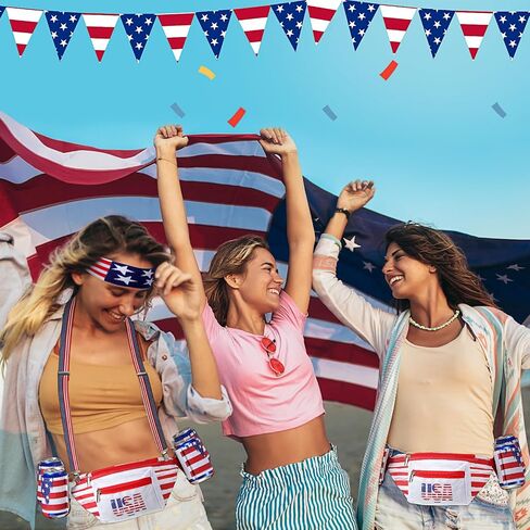 Mepase 9 Pcs 4th of July Fanny Pack Independence Day Patriotic Beer Belt Set with USA Flag Socks Sunglasses Sweatband(Patriot) in Kuwait
