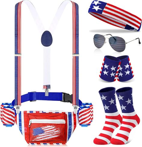 Mepase 9 Pcs 4th of July Fanny Pack Independence Day Patriotic Beer Belt Set with USA Flag Socks Sunglasses Sweatband(Patriot) in Kuwait