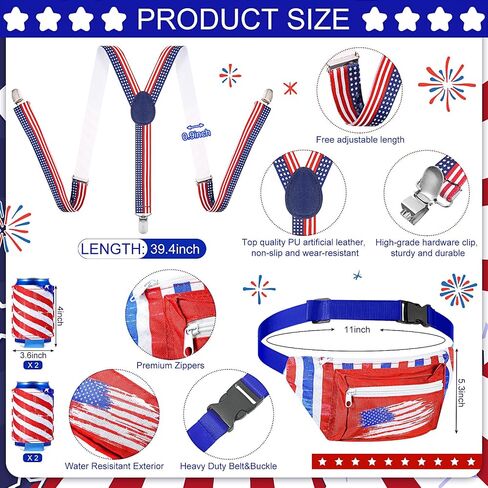 Mepase 9 Pcs 4th of July Fanny Pack Independence Day Patriotic Beer Belt Set with USA Flag Socks Sunglasses Sweatband(Patriot) in Kuwait