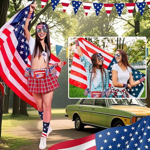 Mepase 9 Pcs 4th of July Fanny Pack Independence Day Patriotic Beer Belt Set with USA Flag Socks Sunglasses Sweatband(Patriot) in Kuwait