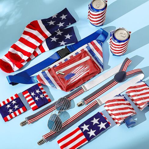 Mepase 9 Pcs 4th of July Fanny Pack Independence Day Patriotic Beer Belt Set with USA Flag Socks Sunglasses Sweatband(Patriot) in Kuwait