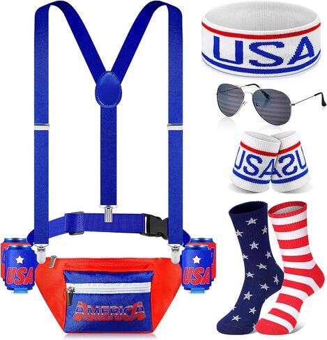 Mepase 9 Pcs 4th of July Fanny Pack Independence Day Patriotic Beer Belt Set with USA Flag Socks Sunglasses Sweatband(Patriot) in Kuwait