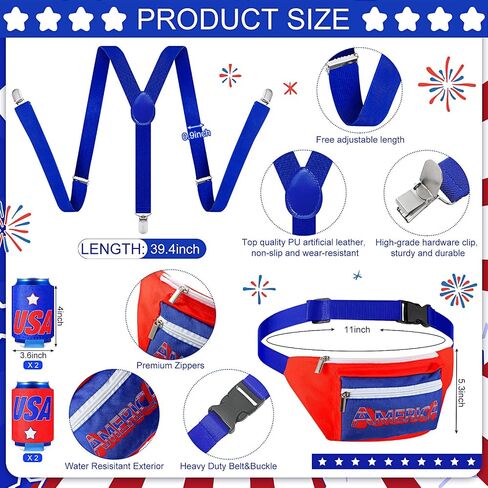 Mepase 9 Pcs 4th of July Fanny Pack Independence Day Patriotic Beer Belt Set with USA Flag Socks Sunglasses Sweatband(Patriot) in Kuwait
