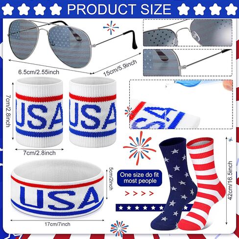 Mepase 9 Pcs 4th of July Fanny Pack Independence Day Patriotic Beer Belt Set with USA Flag Socks Sunglasses Sweatband(Patriot) in Kuwait