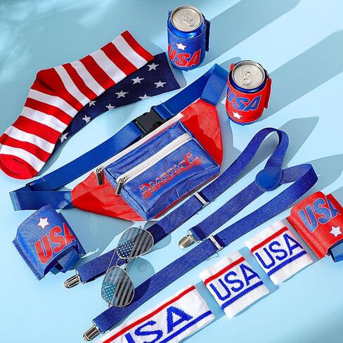Mepase 9 Pcs 4th of July Fanny Pack Independence Day Patriotic Beer Belt Set with USA Flag Socks Sunglasses Sweatband(Patriot) in Kuwait