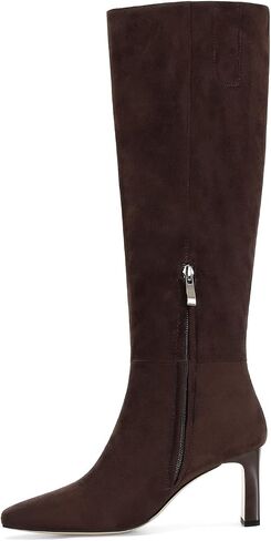 Burgundy Knee High Boots for Women Square Toe Chunky Heeled Wide Calf Boots with Side Zipper Fall Dress Elastic Tall Boots in Kuwait