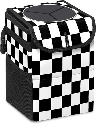 FCZ Car Trash Can Black and White Checkered Auto Garbage Bag Car Trash Can with Lid Leak-Proof Car Storage Bag Auto Garbage Bag Hanging for Headrest Collapsible and Portable with Storage Mesh Pocket in Kuwait