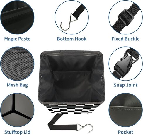 FCZ Car Trash Can Black and White Checkered Auto Garbage Bag Car Trash Can with Lid Leak-Proof Car Storage Bag Auto Garbage Bag Hanging for Headrest Collapsible and Portable with Storage Mesh Pocket in Kuwait