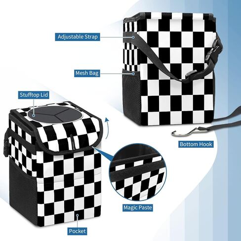 FCZ Car Trash Can Black and White Checkered Auto Garbage Bag Car Trash Can with Lid Leak-Proof Car Storage Bag Auto Garbage Bag Hanging for Headrest Collapsible and Portable with Storage Mesh Pocket in Kuwait