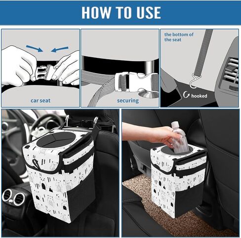 FCZ Car Trash Can Black and White Checkered Auto Garbage Bag Car Trash Can with Lid Leak-Proof Car Storage Bag Auto Garbage Bag Hanging for Headrest Collapsible and Portable with Storage Mesh Pocket in Kuwait