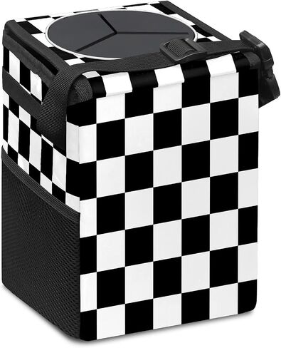 FCZ Car Trash Can Black and White Checkered Auto Garbage Bag Car Trash Can with Lid Leak-Proof Car Storage Bag Auto Garbage Bag Hanging for Headrest Collapsible and Portable with Storage Mesh Pocket in Kuwait